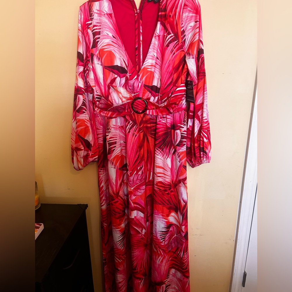 Boston Proper Vibrant Red and Pink Long Sleeve Dress